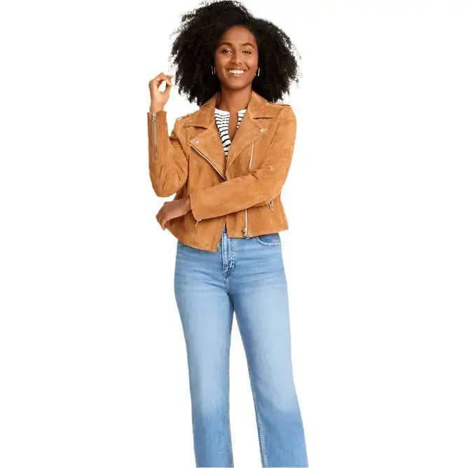 Womens Tan Brown Suede Biker Jacket - Riders Republic UK