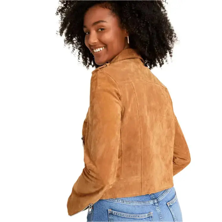 Womens Tan Brown Suede Biker Jacket - Riders Republic UK