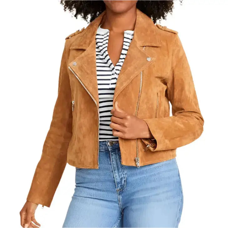 Womens Tan Brown Suede Biker Jacket - Riders Republic UK