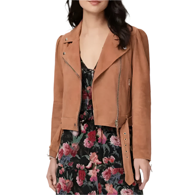 Tan Brown Suede Leather Biker Jacket for Women - Riders Republic UK
