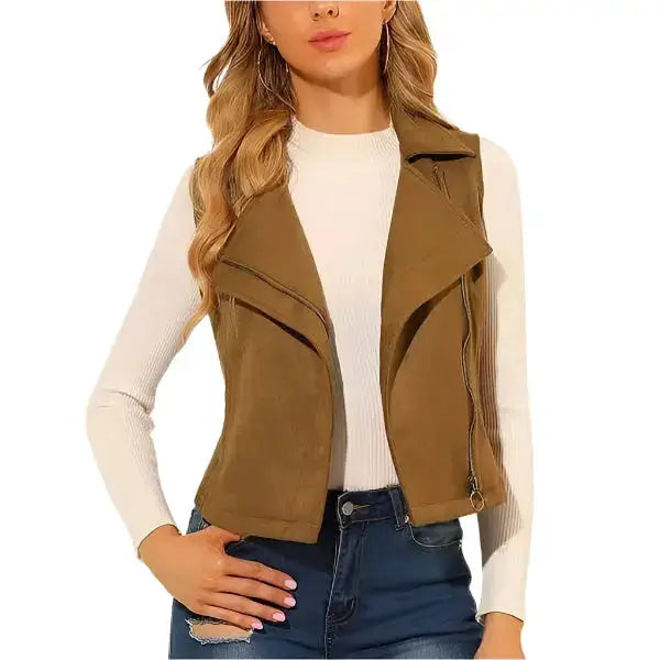 Tan Brown Suede Leather Biker Vest Womens - Riders Republic UK