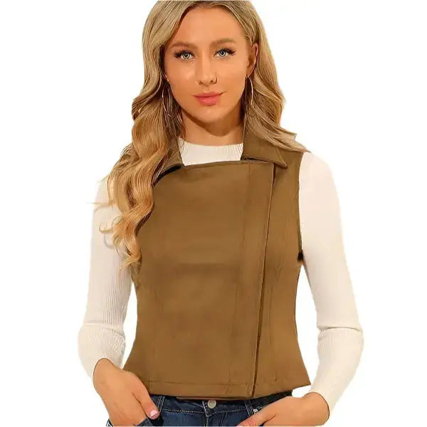Tan Brown Suede Leather Biker Vest Womens - Riders Republic UK