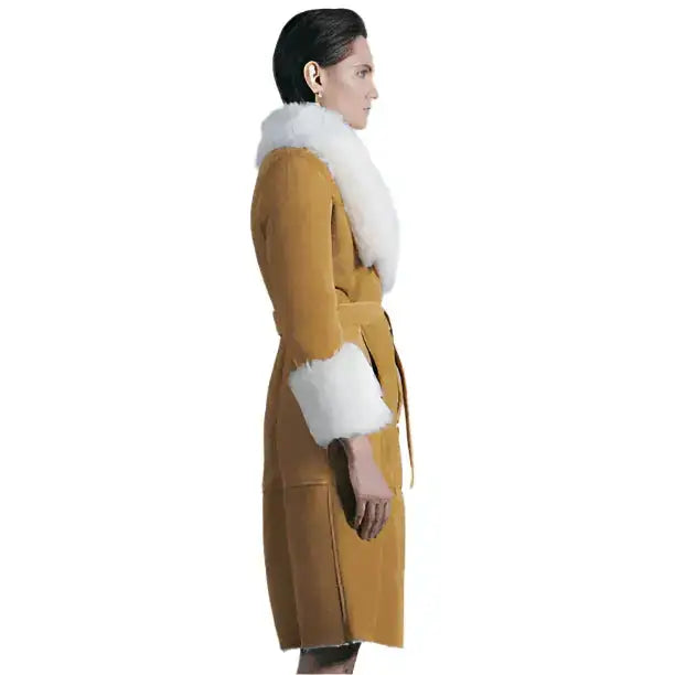 Tan Brown Suede Shearling Coat Womens Leather - Riders Republic UK