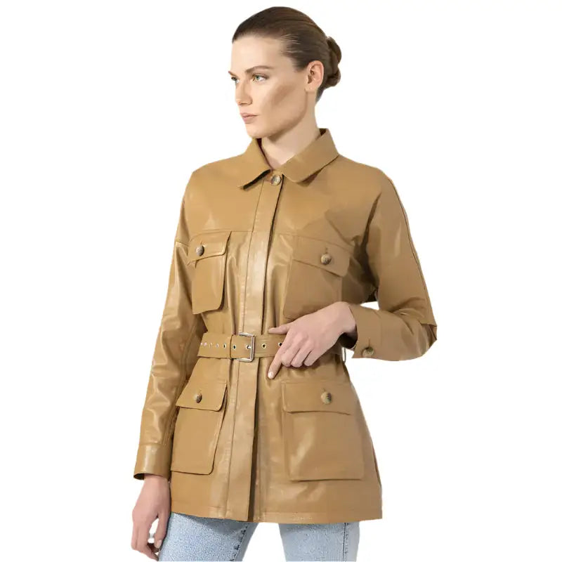Womens Tan Leather Belted Coat - Riders Republic UK