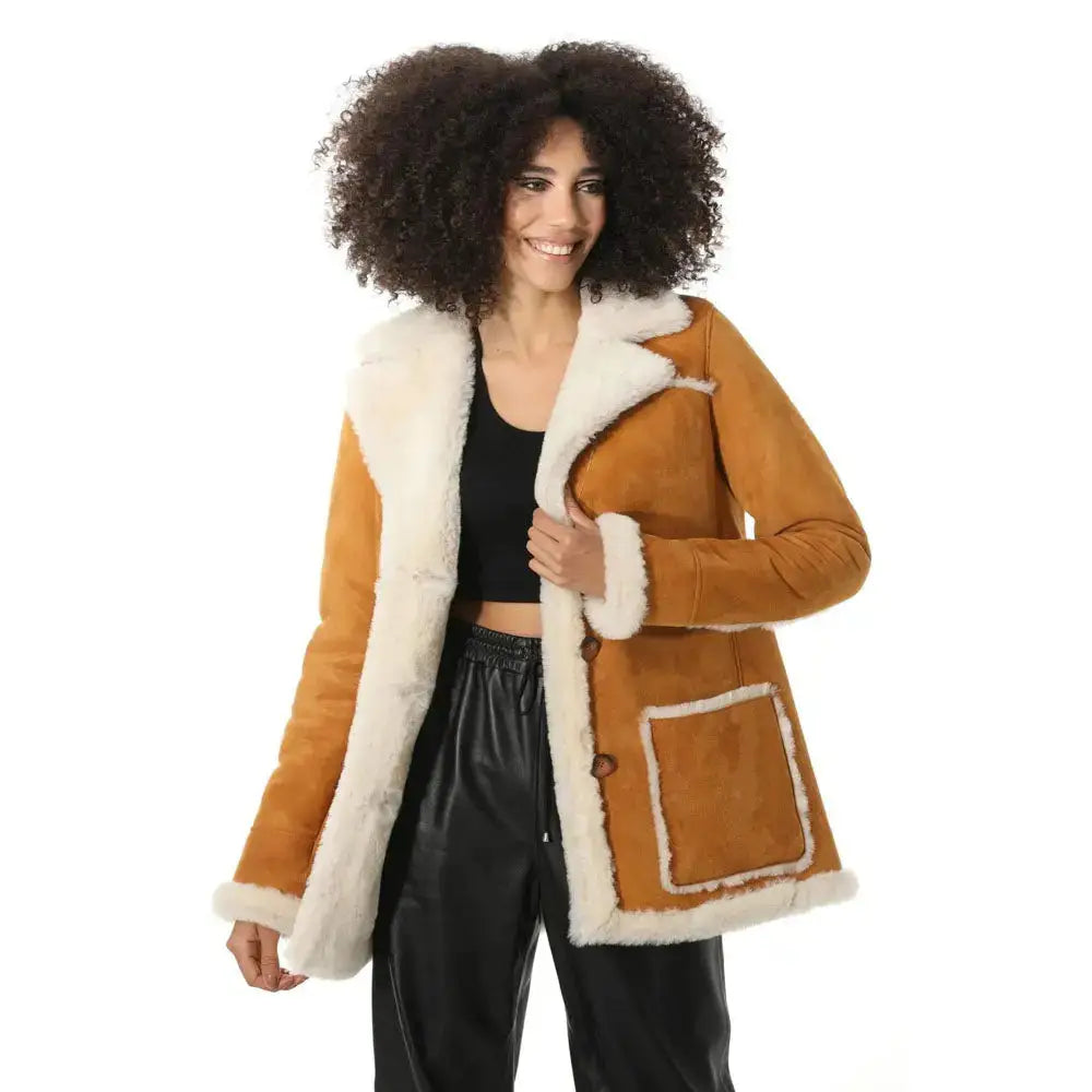 Tan Suede Shearling Coat with White Fur - Riders Republic UK