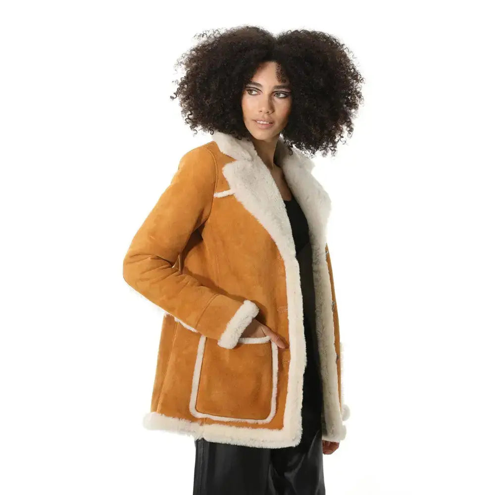 Tan Suede Shearling Coat with White Fur - Riders Republic UK