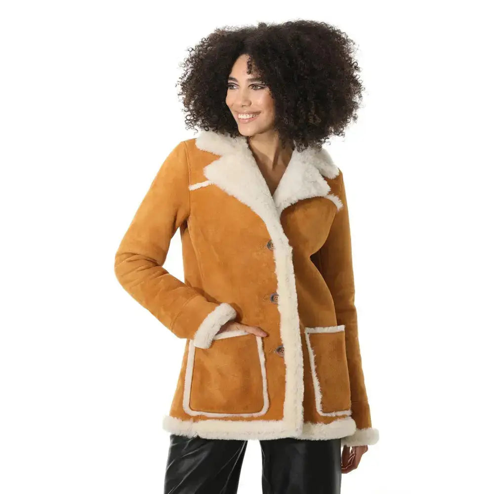 Tan Suede Shearling Coat with White Fur - Riders Republic UK