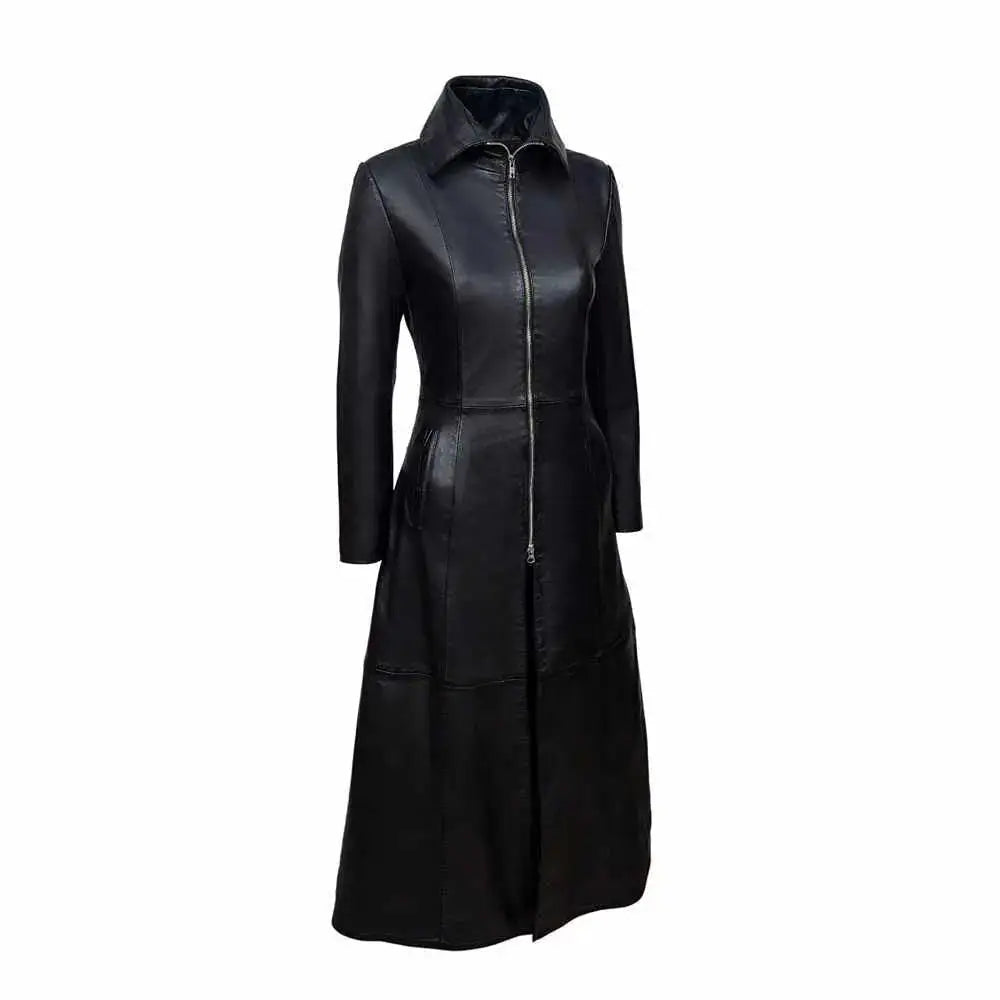 Womens Vampire Black Leather Trench Coat - Riders Republic UK