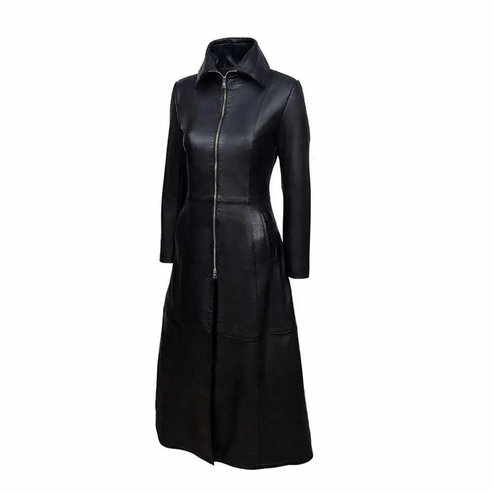 Womens Vampire Black Leather Trench Coat - Riders Republic UK