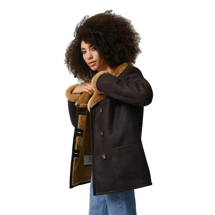 Womens Washed Brown Shearling Peacoat - Riders Republic UK