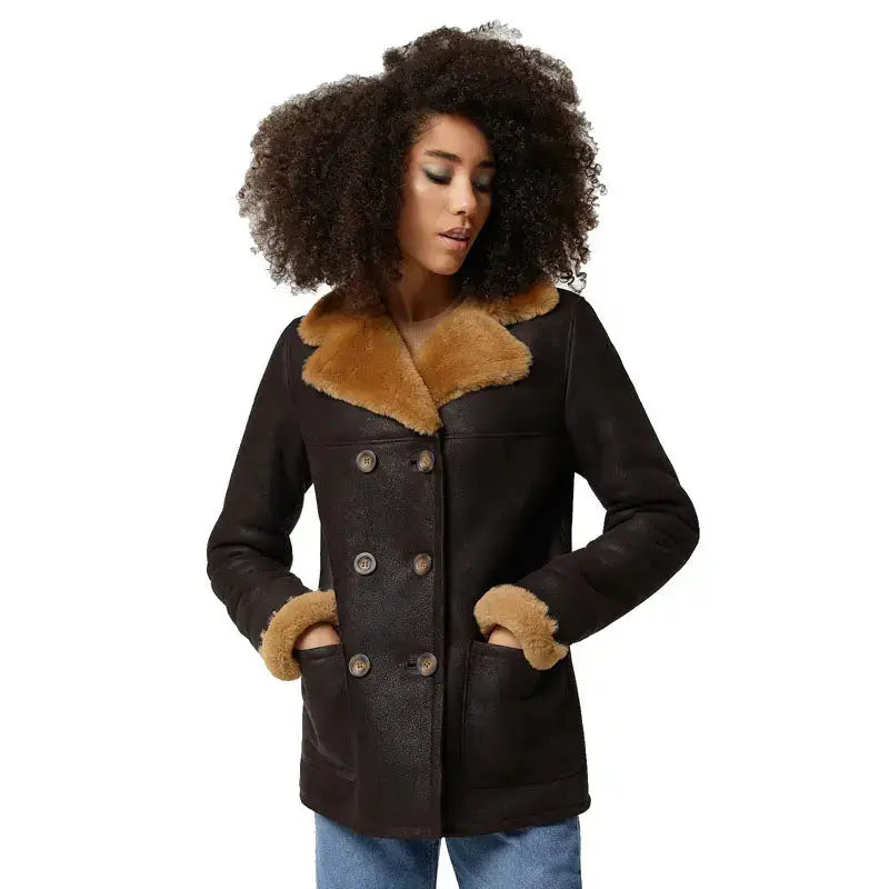 Womens Washed Brown Shearling Peacoat - Riders Republic UK