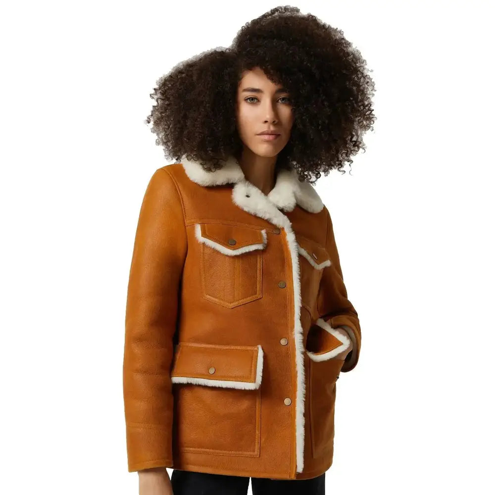 Womens Washed Tan Shearling Western Jacket - Riders Republic UK
