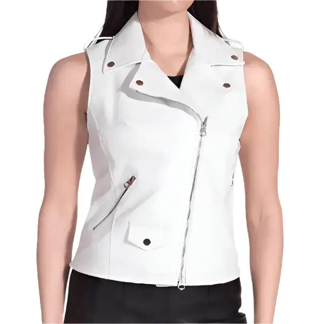 Womens White Leather Biker Vest - Riders Republic UK