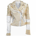 Womens White Leather Golden Studded Jacket - Riders Republic UK
