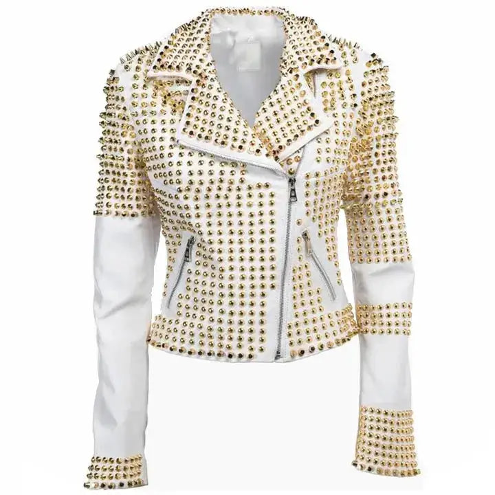 Womens White Leather Golden Studded Jacket - Riders Republic UK